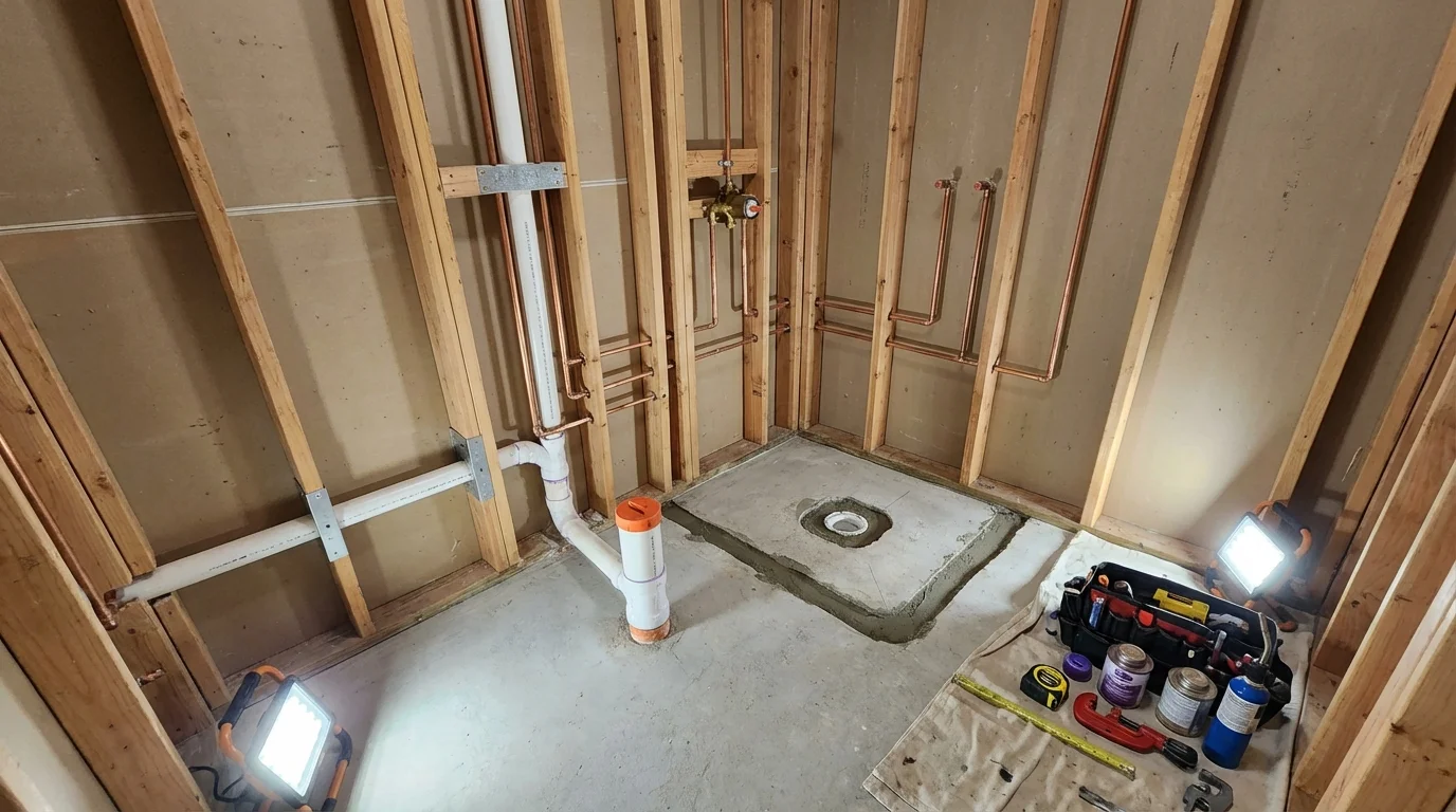 Bathroom rough-in plumbing during remodel by Johns Plumbing LLC in Kulpmont