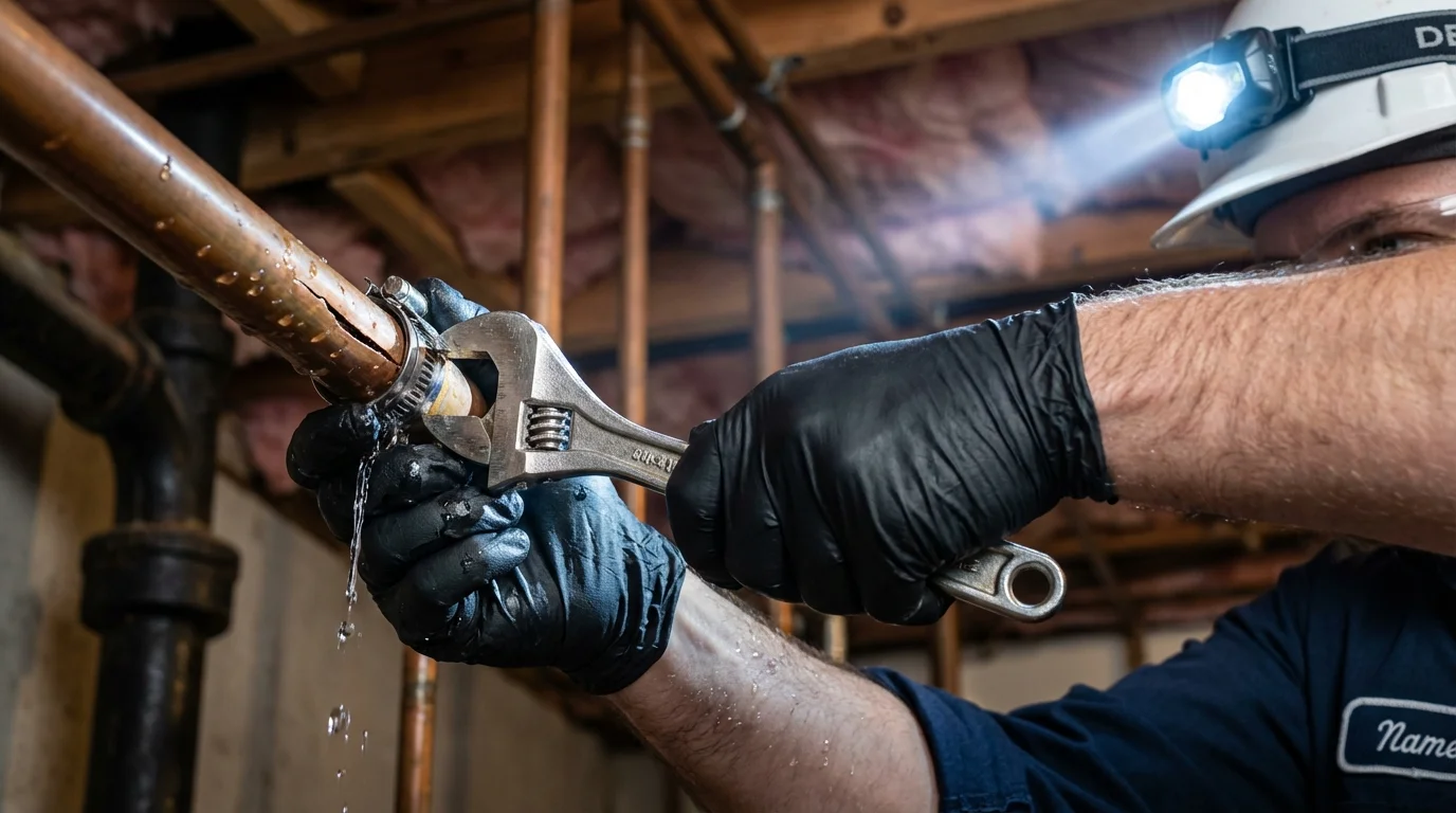 Emergency pipe clamp repair being performed by a Johns Plumbing LLC plumber in Kulpmont