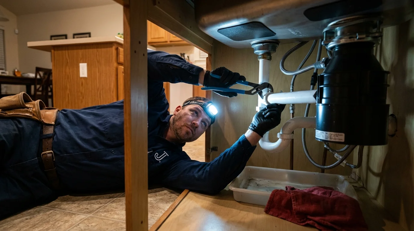 P-trap and supply line connections under a kitchen sink showing a common leak point in Kulpmont, PA